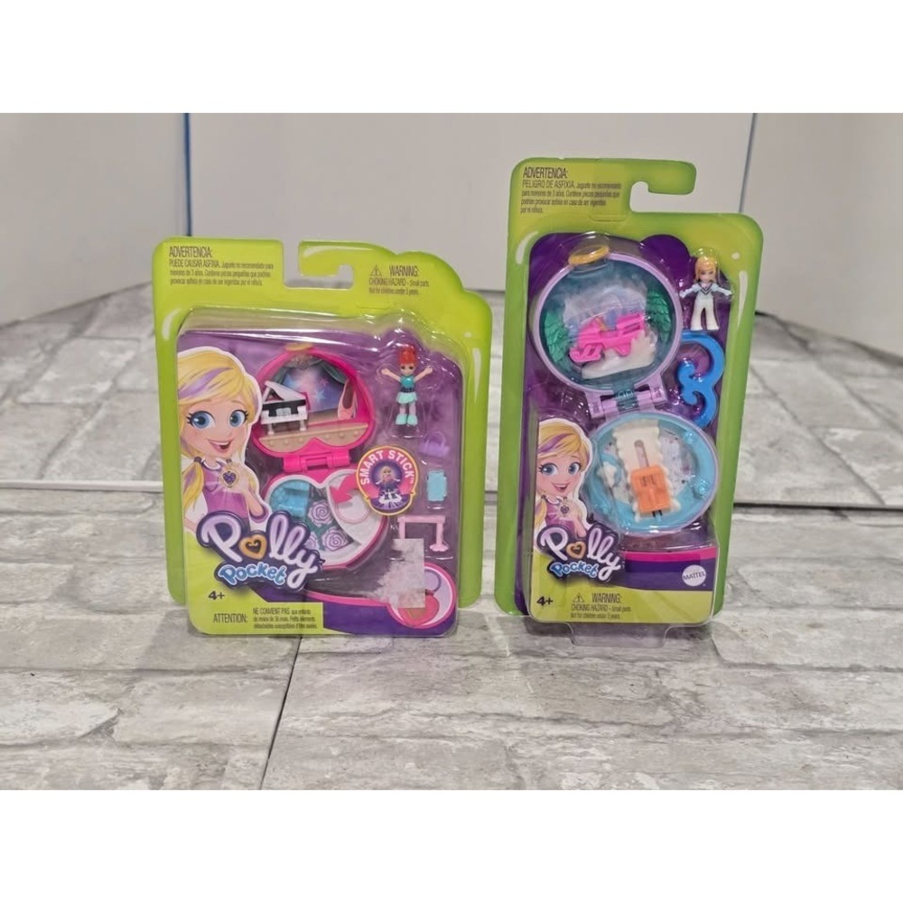 Set of 2 New‎ Polly Pocket Snow Cabin Sledding and Dance Recital Ballet Compacts
